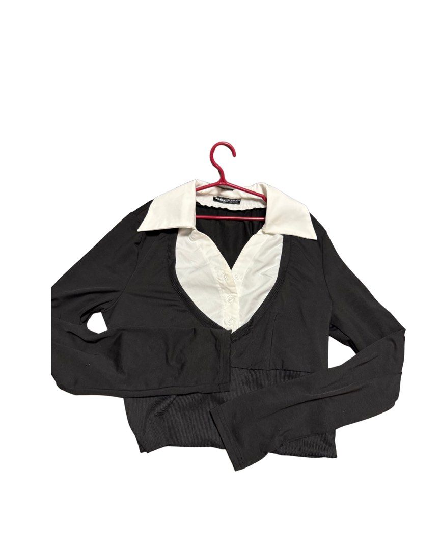 shein black and white long sleeved collared design (Category: Longsleeves) located in Pasig City. Submitted by araluvsu (Listing ID 1373213431, Image 1). Description: best fit m-l (large on tag) worn once mop: gcash mod: same day, jnt, lbc.