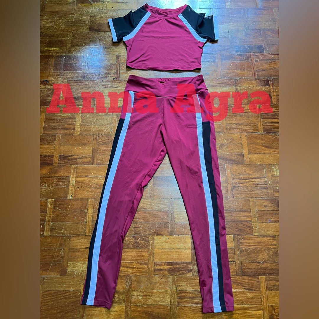 Shein Preloved Sports Set Mesh Insert Panel Super Elastic (Category: Activewear) located in Pasig City. Submitted by annaagra (Listing ID 1373084857, Image 1). Description: Shein Preloved Sports Set Mesh Insert Panel Super Elastic -size medium (see dimensions below) -slimfit -round neck, raglan sleevestop -leggings pants -color burgundy, black and white combo -no padding -82% polyester 18% Elastane -used once or twice for youtube -rfs: declutteri