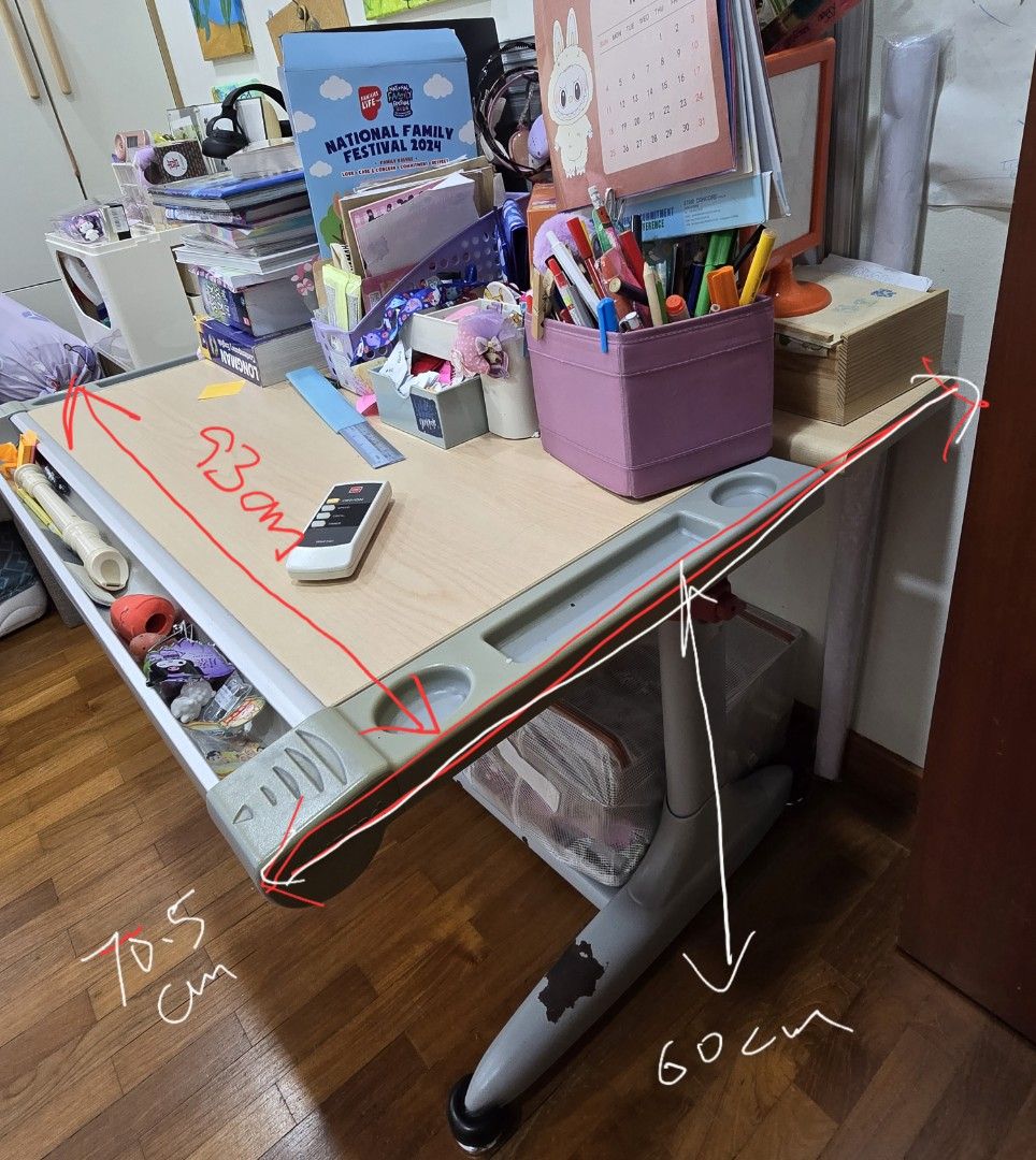 Study Table (Category: Tables & Sets) located in Singapore. Submitted by rollerblades (Listing ID 1373072904, Image 1). Description: not for fussies. dimensions on photo. giving away table only. items on table will be cleared when u confirm collection. self collect only fr 108 Gerald Drive.