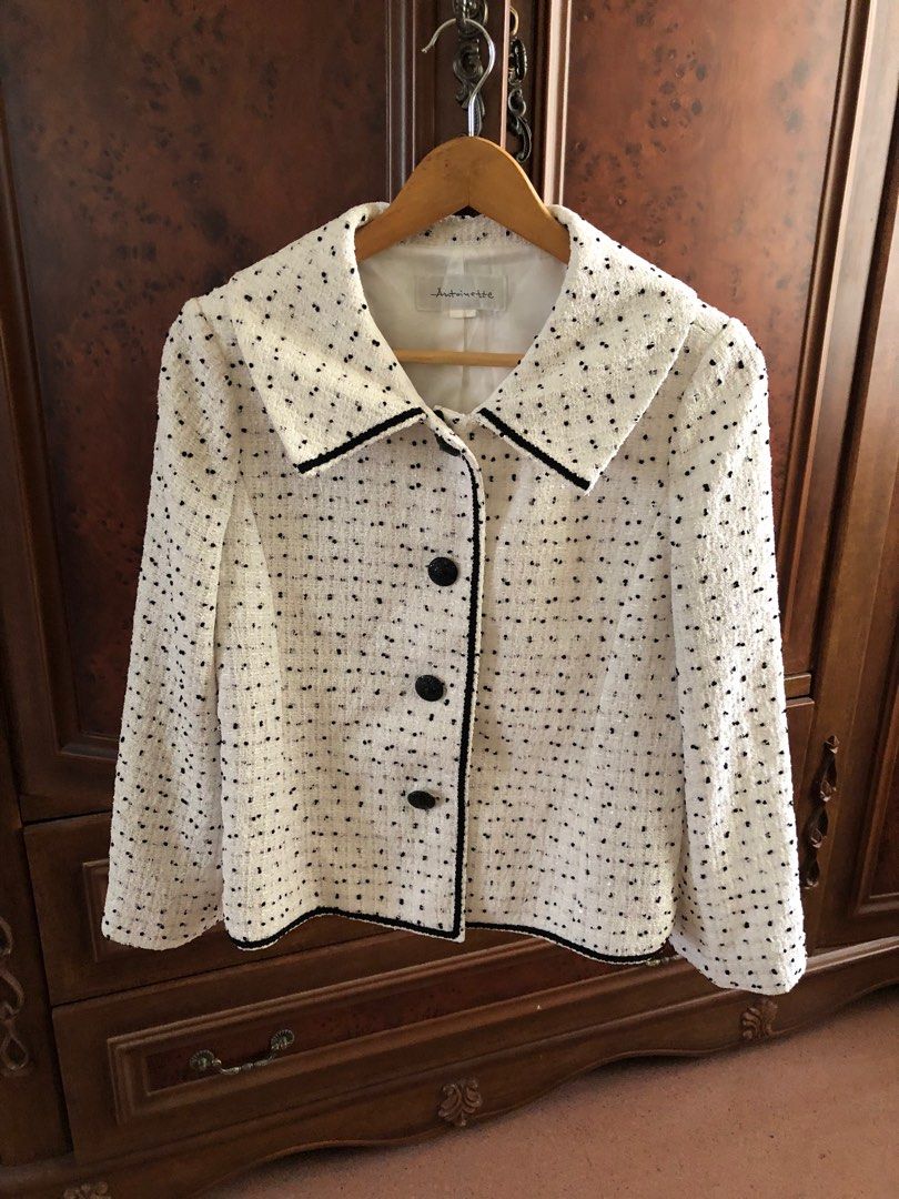 Wool jacket (Category: Coats, Jackets and Outerwear) located in Davao. Submitted by stylecircuit (Listing ID 1373113117, Image 1). Description: White with black piping & dots & sequin bits, nice buttons, fully lined, Japan made; fits medium to large (if unbuttoned).