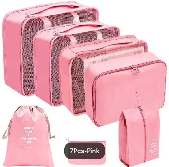 7 Pcs. TRAVEL Luggage Organizer (Category: Travel Essentials & Accessories) located in Manila. Submitted by bunnyontravel (Listing ID 1373251673, Image 3). Description: Available Colors Beige Grey Pink Black Blue Green.