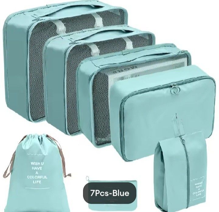 7 Pcs. TRAVEL Luggage Organizer (Category: Travel Essentials & Accessories) located in Manila. Submitted by bunnyontravel (Listing ID 1373251673, Image 1). Description: Available Colors Beige Grey Pink Black Blue Green.