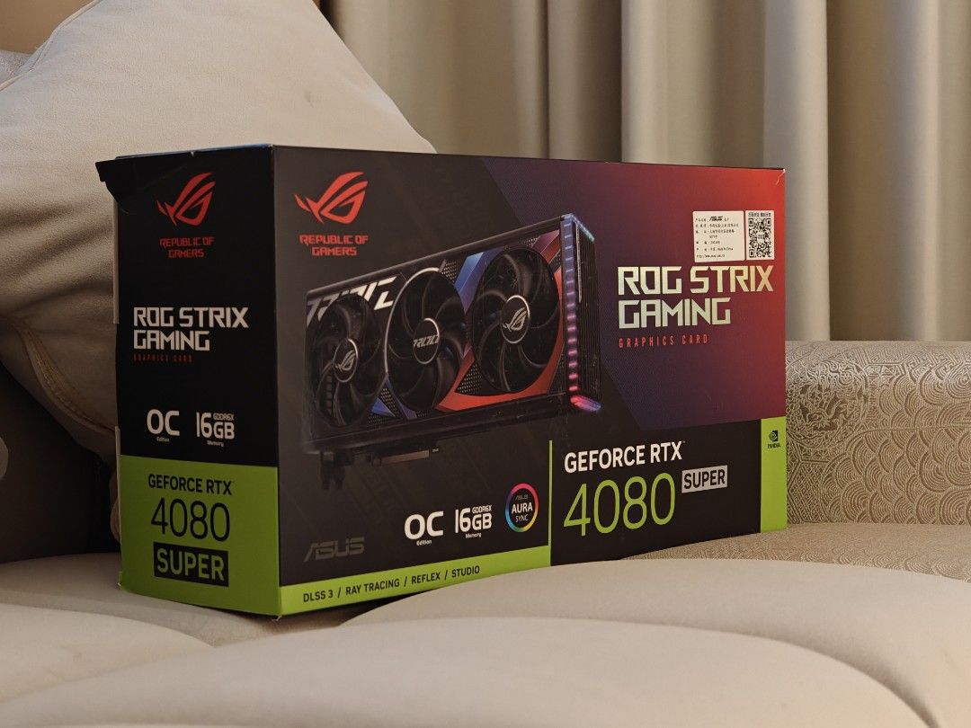 ASUS ROG STRIX RTX 4080 SUPER OC O16G GPU GRAPHICS CARD Nvidia GDDR6X (Category: Computer Parts) located in Singapore. Submitted by sg_rc (Listing ID 1373248174, Image 3). Description: Full box, full accessories, perfect condition NEVER overclocked, NEVER mined crypto. Barely used in personal gaming rig No pets, no smoking, air conditioned room, extremely clean household Very high silicon quality, 3d mark TimeSpy graphics score 29000++ out of the