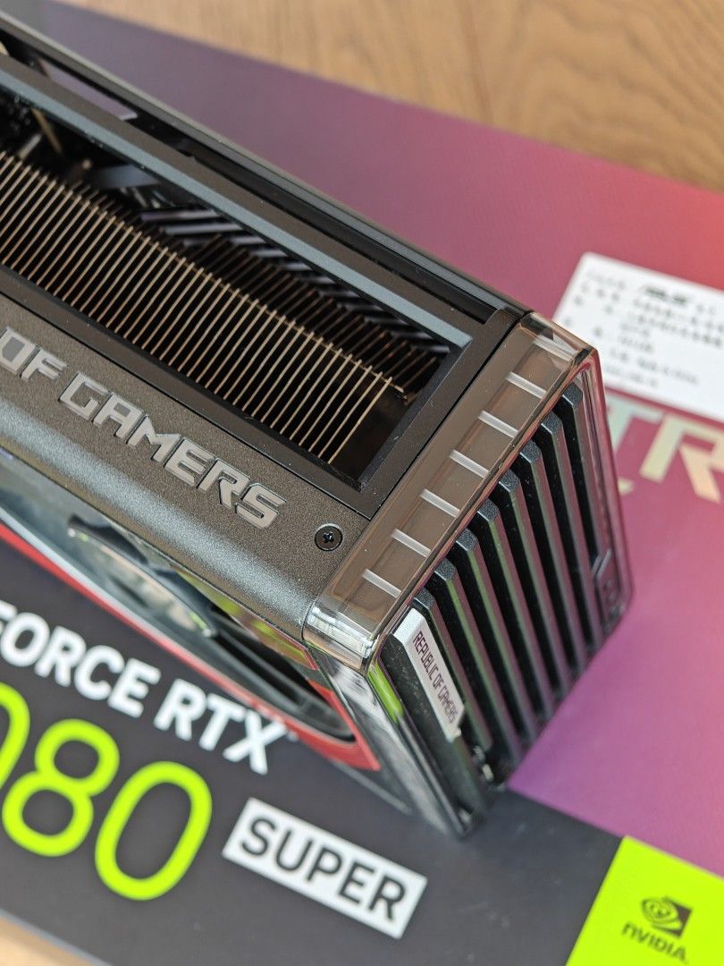 ASUS ROG STRIX RTX 4080 SUPER OC O16G GPU GRAPHICS CARD Nvidia GDDR6X (Category: Computer Parts) located in Singapore. Submitted by sg_rc (Listing ID 1373248174, Image 2). Description: Full box, full accessories, perfect condition NEVER overclocked, NEVER mined crypto. Barely used in personal gaming rig No pets, no smoking, air conditioned room, extremely clean household Very high silicon quality, 3d mark TimeSpy graphics score 29000++ out of the
