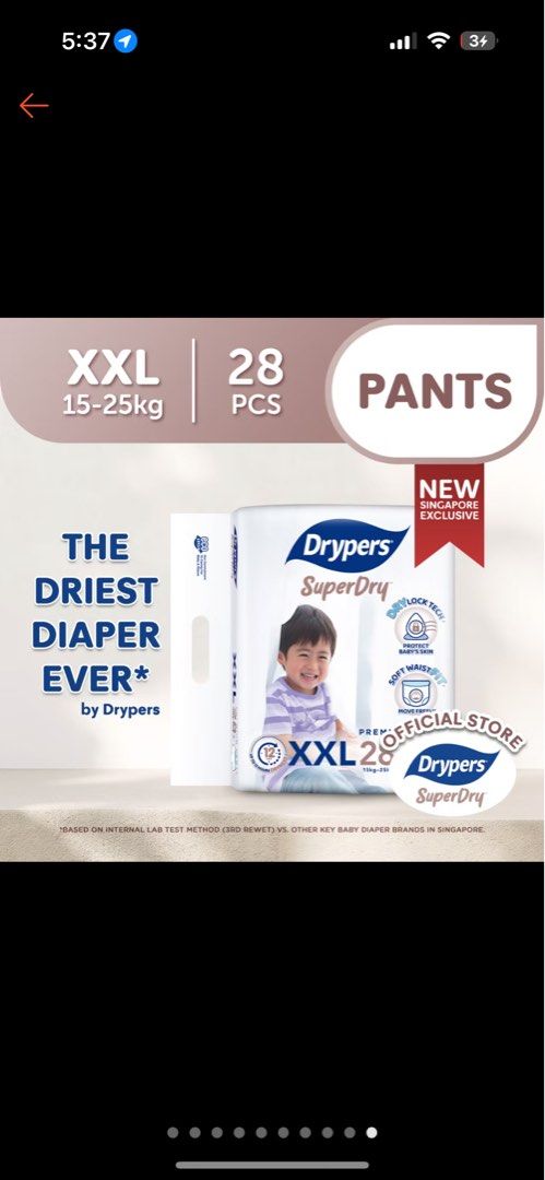 Drypers superdry pants xxl (Category: Diapers & Baby Wipes) located in Singapore. Submitted by claireclarissa (Listing ID 1373391854, Image 1). Description: Too big for my child. 😭 Pants, size xxl 1 pack for $12 .