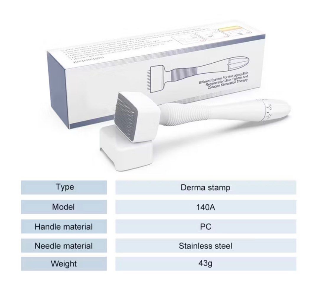 Face Derma Stamp for Acne Scars and Hair (Category: Face Care) located in Cavite. Submitted by oceanachors (Listing ID 1373282927, Image 3). Description: Specification Needle material:Medical steel Needle quantity:140/ 120/100 needles Handle material:Plastic Net Weight:50g Adjustable Needle Depth:0-3mm/0-2mm Quantity:1Pcs Feature 1.With 100pcs micro needles, can effectively repair wrinkles and crow's-feet, Cellulite, Scar Tissue, Acne Scars, Frec