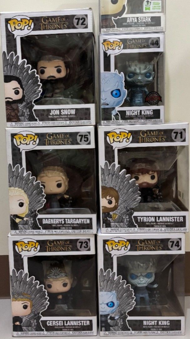 Funko Pop! - Game of Thrones (Iron Throne) (Category: Designer & Blind Box Toys) located in Manila. Submitted by ej83108 (Listing ID 1373324013, Image 1). Description: Updated prices from 1000 each. Bought 2nd hand, some have bad boxes 7/10 Jon Snow - 1000 Daenerys Targaryen - 600 (damaged box) (SOLD) Cersei Lannister - 600 (damaged box) Tyrion Lannister - 1000 (SOLD) Night King - 1000 Night King (SE) - 1000 take all for 5000 RFS: downsizing.