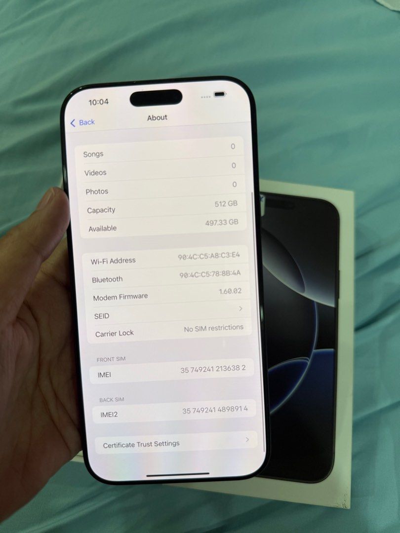 iphone 16 pro max 512gb dual sim good as new (Category: iPhone 16 Series) located in Cainta. Submitted by vine_gadget_shop (Listing ID 1373228674, Image 2). Description: iphone 16pro max 512gb dual sim good as new complete package hk variant factory unlocked warranty until october 2025 pick up store greenhills shopping center we accept trade in we accepy credit card and ggives installment we do cod and door to door we ship nationwide for fast tra