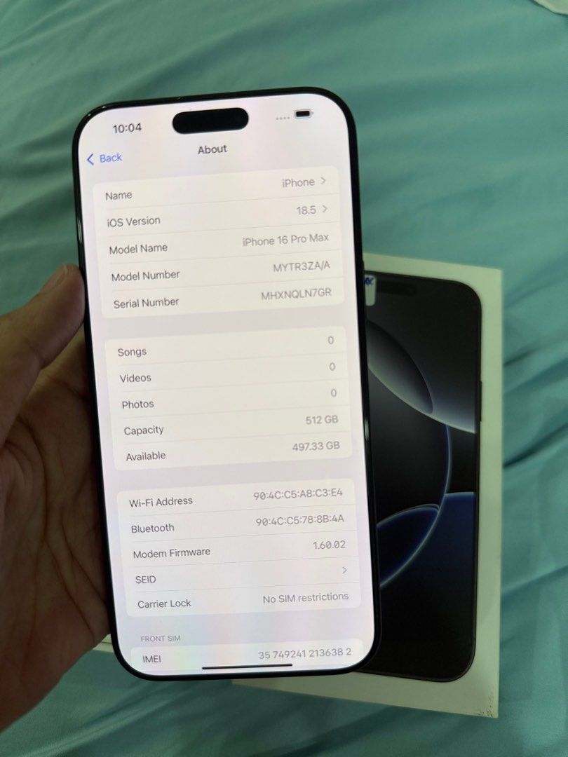 iphone 16 pro max 512gb dual sim good as new (Category: iPhone 16 Series) located in Cainta. Submitted by vine_gadget_shop (Listing ID 1373228674, Image 3). Description: iphone 16pro max 512gb dual sim good as new complete package hk variant factory unlocked warranty until october 2025 pick up store greenhills shopping center we accept trade in we accepy credit card and ggives installment we do cod and door to door we ship nationwide for fast tra