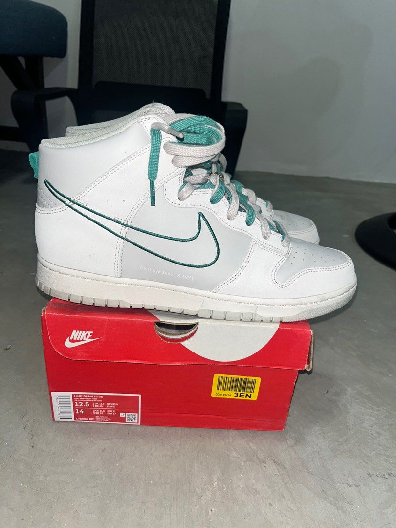 Nike Dunk HI SE (Light Bone/Green Noise) (Category: Sneakers) located in Muntinlupa City. Submitted by jnprvbcr (Listing ID 1373333757, Image 1). Description: -Nike Dunk HI SE First Use - size US 12.5 - authentic; bought in EU - good as new; very minimal creases - 9/10 condition - with original box Rfs: decluttering .