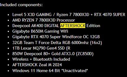 Ryzen 7 7800X3D + RTX 4070 SUPER | AFTERSHOCK PC63205296694019111