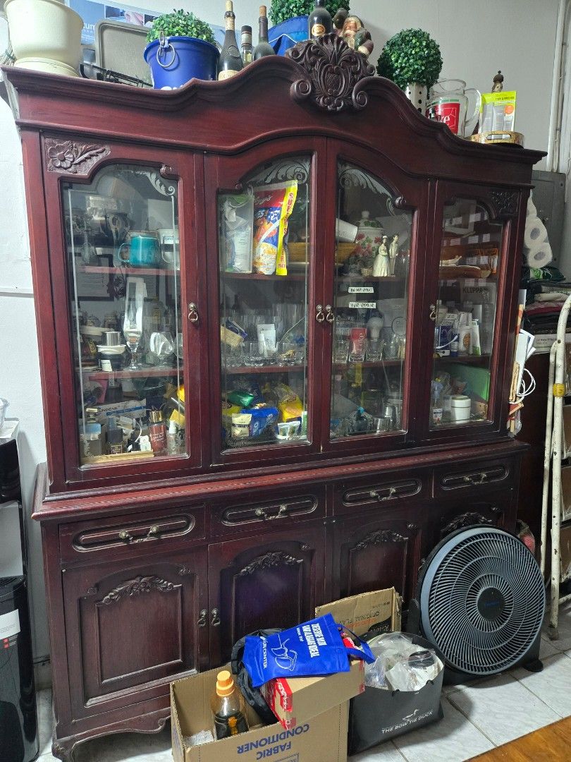 Vintage China Cabinet (Category: Shelves, Cabinets & Racks) located in Makati City. Submitted by ClothesAndStuff (Listing ID 1373326468, Image 1). Description: As-is Width 170cm Height 220 cm (measured from tallest portion of the cabinet, middle) Depth 35cm (measured from outside).