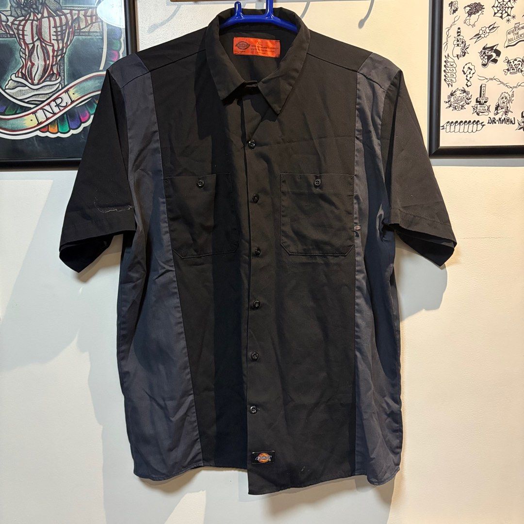 Vintage Dickies Short Sleeve Button Down Work Shirt (Category: Tshirts & Polo Shirts ) located in Dasmarinas. Submitted by 8ocho8 (Listing ID 1373313704, Image 3). Description: Vintage Dickies Work Shirt Button Down -Technician Rock & Roll -Band Roadie uniform -OG 524 Black/Charcoal short sleeve polo -Size XL, Boxy fit - Issue, stain from removed patch on right sleeve. Measurements: Width - 26in Length - 31in Shoulder - 20in Sleeve - 10.5in .