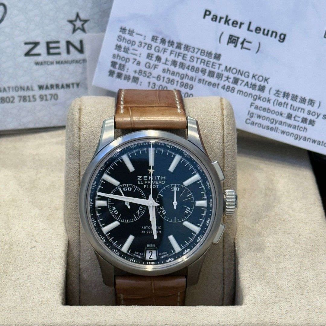 Zenith Plot （分類：手錶）位於 Hong Kong。 由 wongyanwatch. 提交（商品編號 1373322880，圖片 1）。簡介： ZENITH真力時 03.2117.4002/23.C704 系列名稱 PILOT 錶殼材質 不鏽鋼 錶殼尺寸 42mm 機芯型號 El Primero 4002 搭載功能 日期／計時 防水深度 50m 全新錶NOS，現45折特價出售！ 折實價$25740 完美者勿擾 店舖交收 歡迎買賣/交換/回收/寄賣 不設口頭留錶 海關牌照:A-B-24-02-05832 www.wongyanwatch.com #皇仁錶飾。