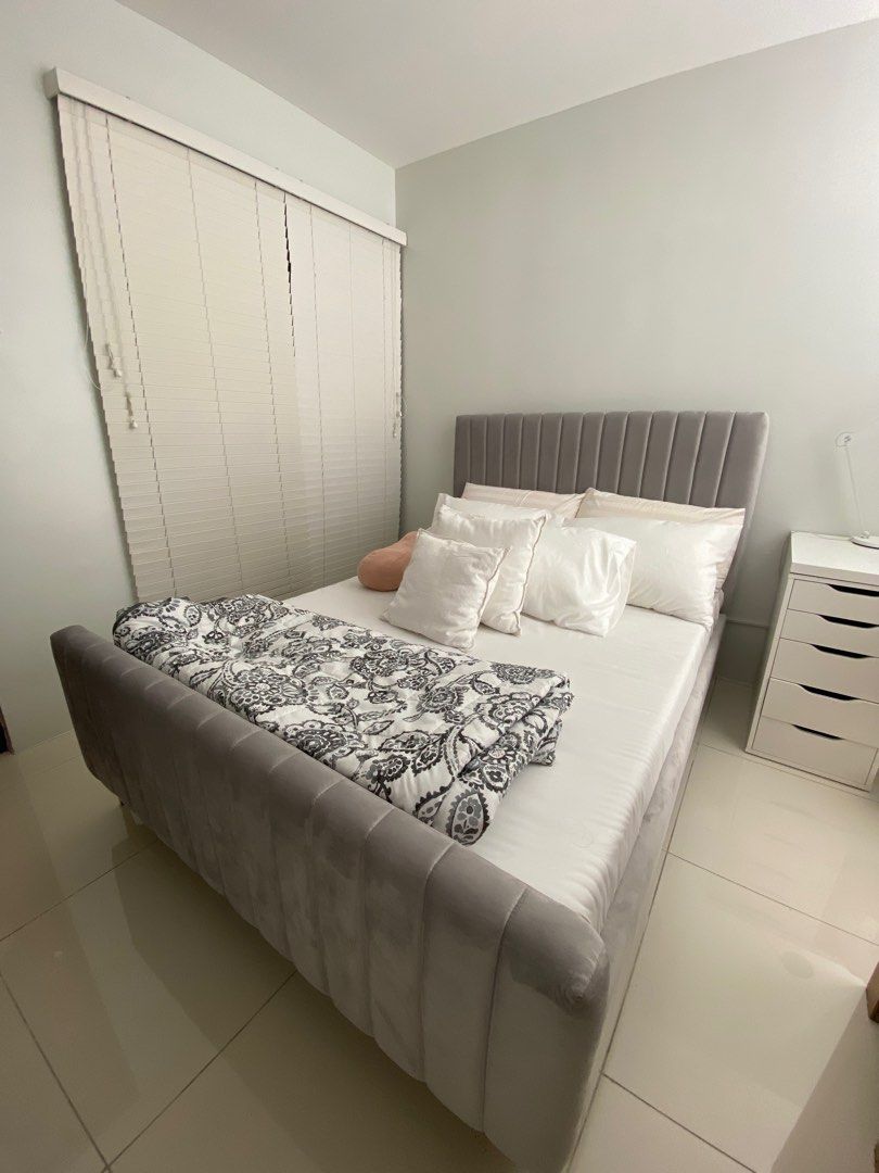 54x75 Full Double Size Bed Frame from Furniture Source (Category: Bed Frames & Mattresses) located in Manila. Submitted by writteninb09472 (Listing ID 1371857180, Image 2). Description: Made with pine wood, treated wood frame, polyurethane foam, velvet fabric cover polyester 100%, and golden metal legs. Width: 147 cm Depth: 207 cm Height: 122 cm Mattress Width: 135 cm Mattress Length: 189 cm.