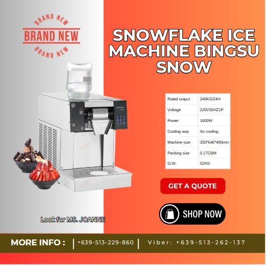 Bingsu Snow Snowflake Ice Machine (Category: Everything Else Others) located in Caloocan City. Submitted by chaseolive35337 (Listing ID 1373490695, Image 1). Description: 𝗡𝗢𝗧𝗘: Price may change without prior notice. 🎯 Pick up, Deliver or Shipping courier you prefer. 🚛THRU: LBC, AP CARGO Etc. Mode of Payment: 📌 💵 Cash 📌 🏦 Bank Transfer .