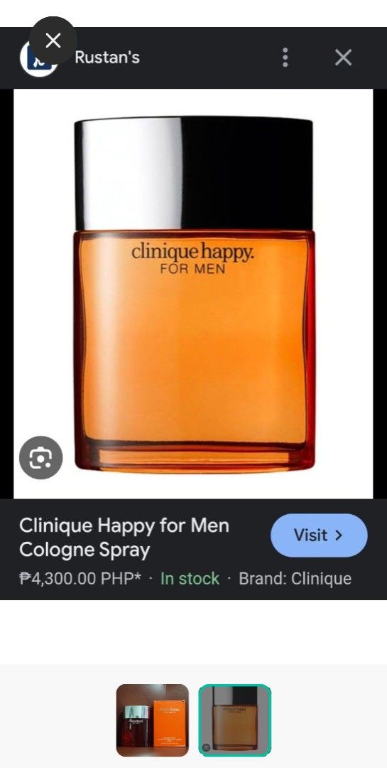 Clinique Happy Men's Cologne 100ml (Category: Fragrance & Deodorants) located in Manila. Submitted by belikebea (Listing ID 1373398909, Image 2). Description: Used occasionally, the bottle is 90% full. Bought for 4.3K PHP/80$ originally from the US. 🇺🇸 MOP: Gcash MOD: Lalamove.