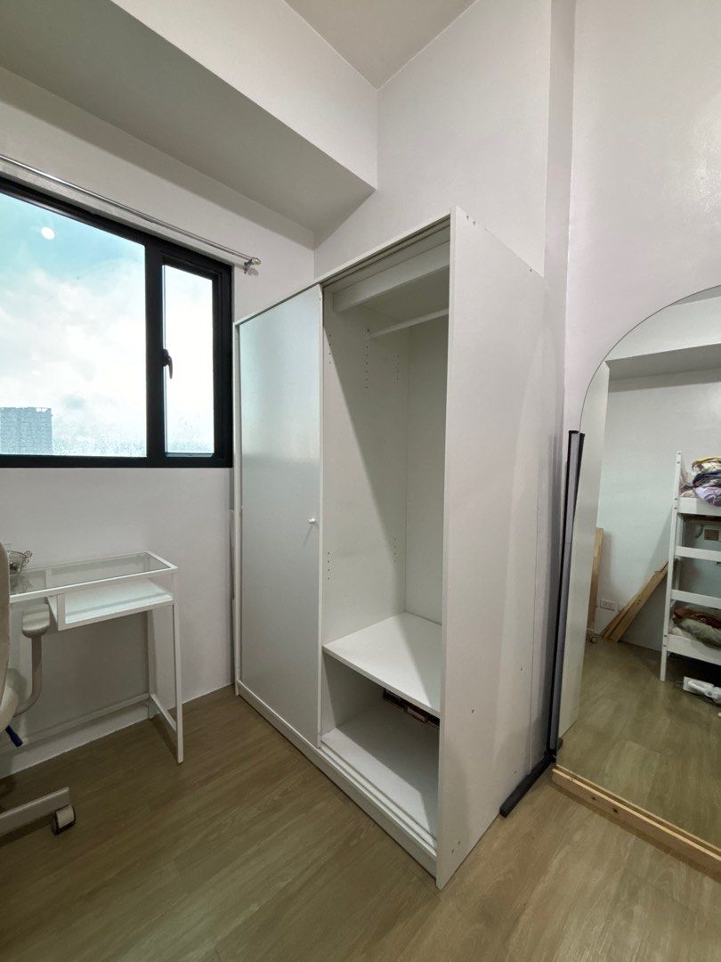 IKEA Kleppstad White Wardrobe Cabinet (Category: Shelves, Cabinets & Racks) located in Taguig. Submitted by fromtheroots (Listing ID 1373519884, Image 2). Description: • RFS: Moving out of dorm! • Used by 2 girls, can assure cleanliness 😊💖 No stains, see last photo for minor wood chip inside the closet (right side) • Bought online from IKEA for Php 9000 • For pick-up only at Vista 309 Katipunan, Quezon City.