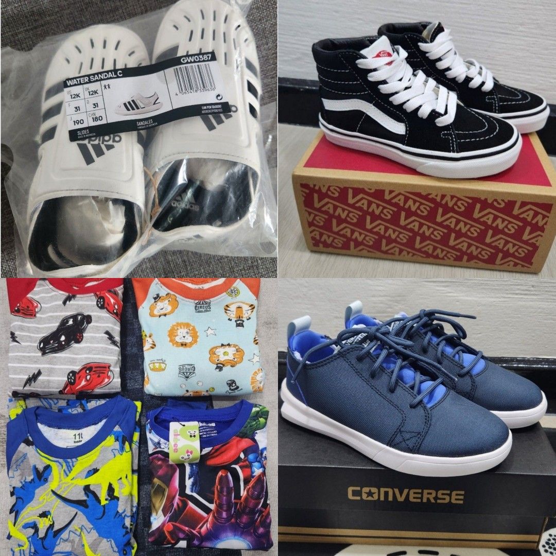 Kids shoes ( Bundle Offer) (Category: Babies & Kids Fashion) located in Singapore. Submitted by flizzolio (Listing ID 1373550760, Image 1). Description: Letting go as a bundle price. All shown for $100. So sorry, No further Nego 🙏 1) Vans Highcut shoe used once & awhile ok for photoshoot. Still have box 2) Brand new white Adidas sandals 3) Brand new converse shoes 4) 3 longsleeves & 1 short-sleeved Pyjamas. Suitable for kids age 4-5yrs old..