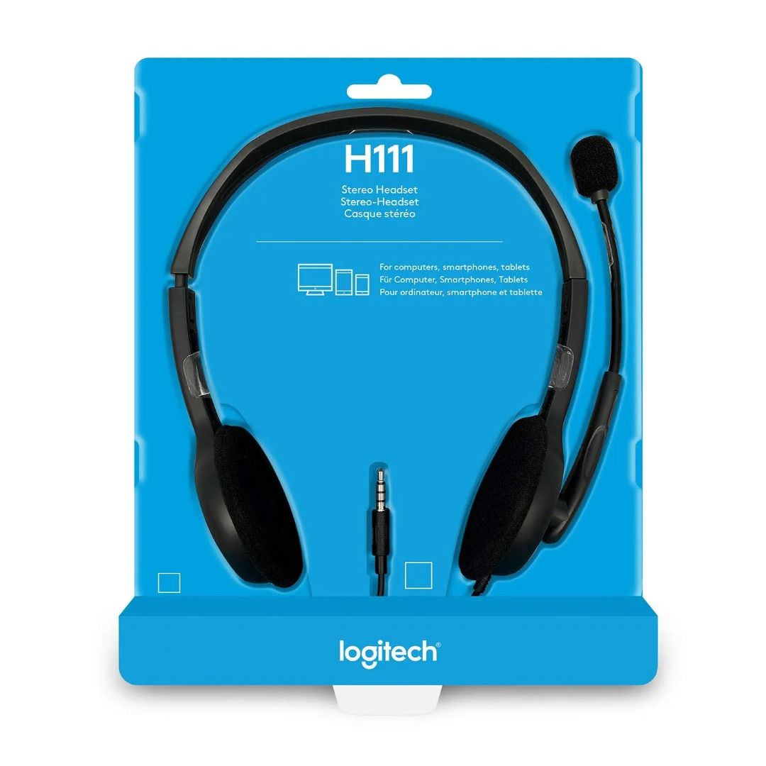 Logitech H111 Wired Headset, Stereo Headphones with Noise-Cancelling Microphone, 3.5 mm Audio Jack, PC/Mac/Laptop/Smartphone/Tablet - Black (Category: Headphones & Headsets) located in Singapore. Submitted by jenchee13 (Listing ID 1373478079, Image 1). Description: About this item: - Noise-cancelling microphone reduces room noise for clearer Internet calls - Full stereo sound for your music, movies and games - Rotating microphone boom can be worn
