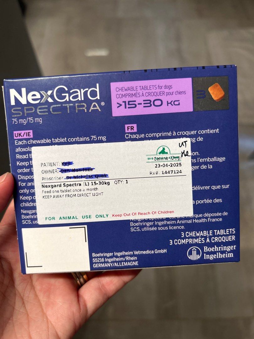 Nexgard Spectra (Category: Health & Grooming) located in Singapore. Submitted by sunshine.365 (Listing ID 1373427676, Image 2). Description: Bought from vet clinic - decided not to give our dog. We bought it for much more unfortunately but willing to let it go for $75. .
