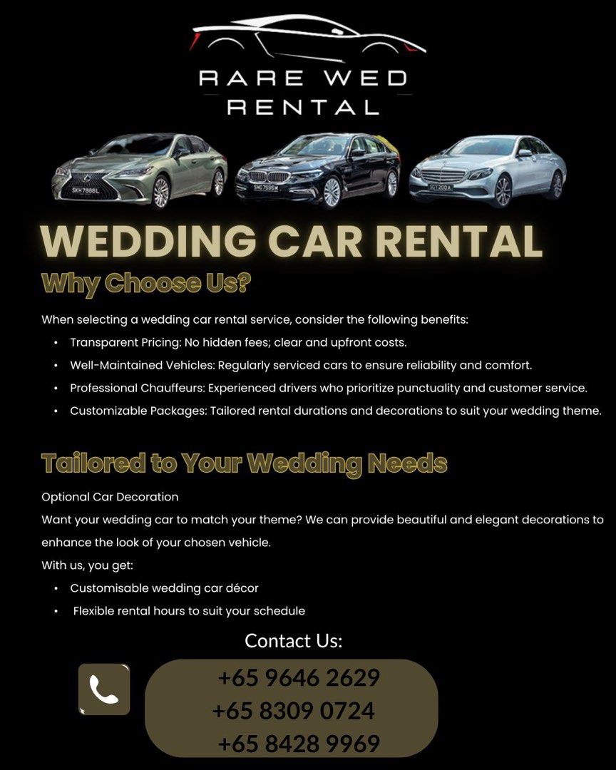 Rare Wedding Car Rental (Category: Car Rental) located in Singapore. Submitted by fakeittillyoumakeit (Listing ID 1373465243, Image 1). Description: ✨ RARE WED RENTAL – Wedding Car Rental Services ✨ Make your big day extra special with Rare Wed Rental – your trusted wedding car partner! 🚘 Why Choose Us? ✔ Transparent pricing – no hidden fees ✔ Well-maintained, regularly serviced cars ✔ Professional and punctual chauffeurs ✔ Customizable packages