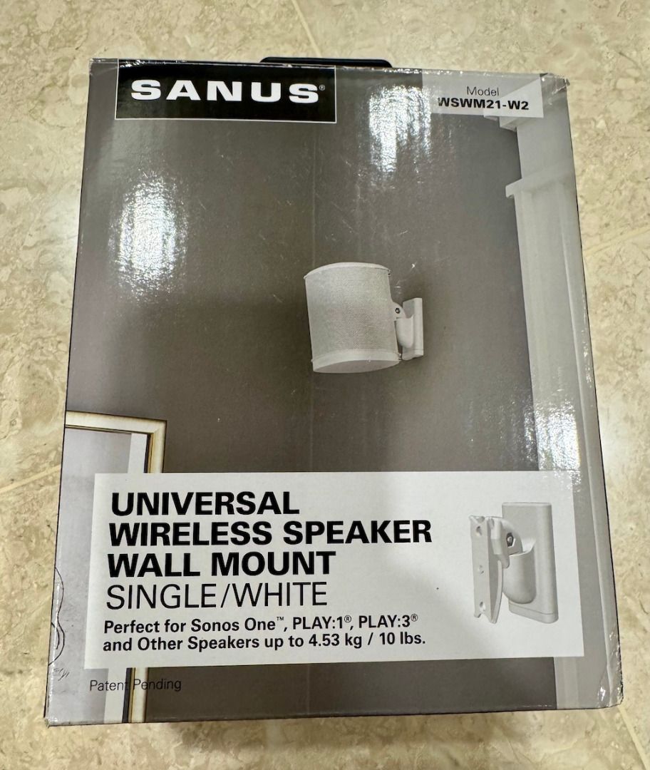 Sanus Adjustable Speaker Wall Mounts Designed for SONOS ONE, Play:1 & Play:3 - PAIR (White) (Category: Soundbars, Speakers & Amplifiers) located in Singapore. Submitted by boots2024 (Listing ID 1373507409, Image 2). Description: Enjoy perfect listening from anywhere in the room with 132 degrees of speaker swivel 30-degree tilt provides excellent sound whether you're listening sitting down or standing up Sleek, subtle mounting solution facilitates