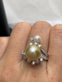 日本海水akoya珍珠+10.4mm南洋金珠戒指，強光微瑕，純銀鍍金配件64233811974914110