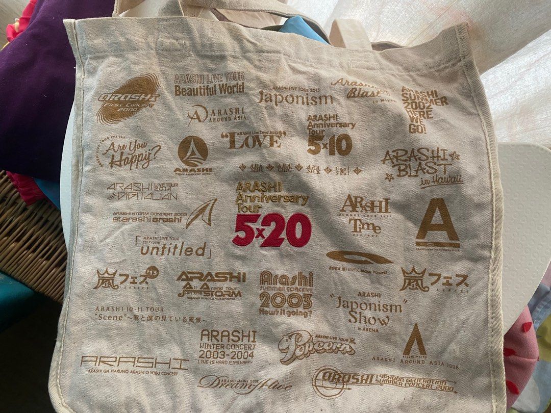 Arashi bag - ARASHi 5x20 Tour (Category: Shoulder Bags) located in Quezon City. Submitted by misshoseok (Listing ID 1373637622, Image 2). Description: Selling my Arashi bag:) It needs ironing. It is washed but kept for a while waiting for Arashi”s comeback😊 Big bag made of thick quality canvas in japan with pockets..