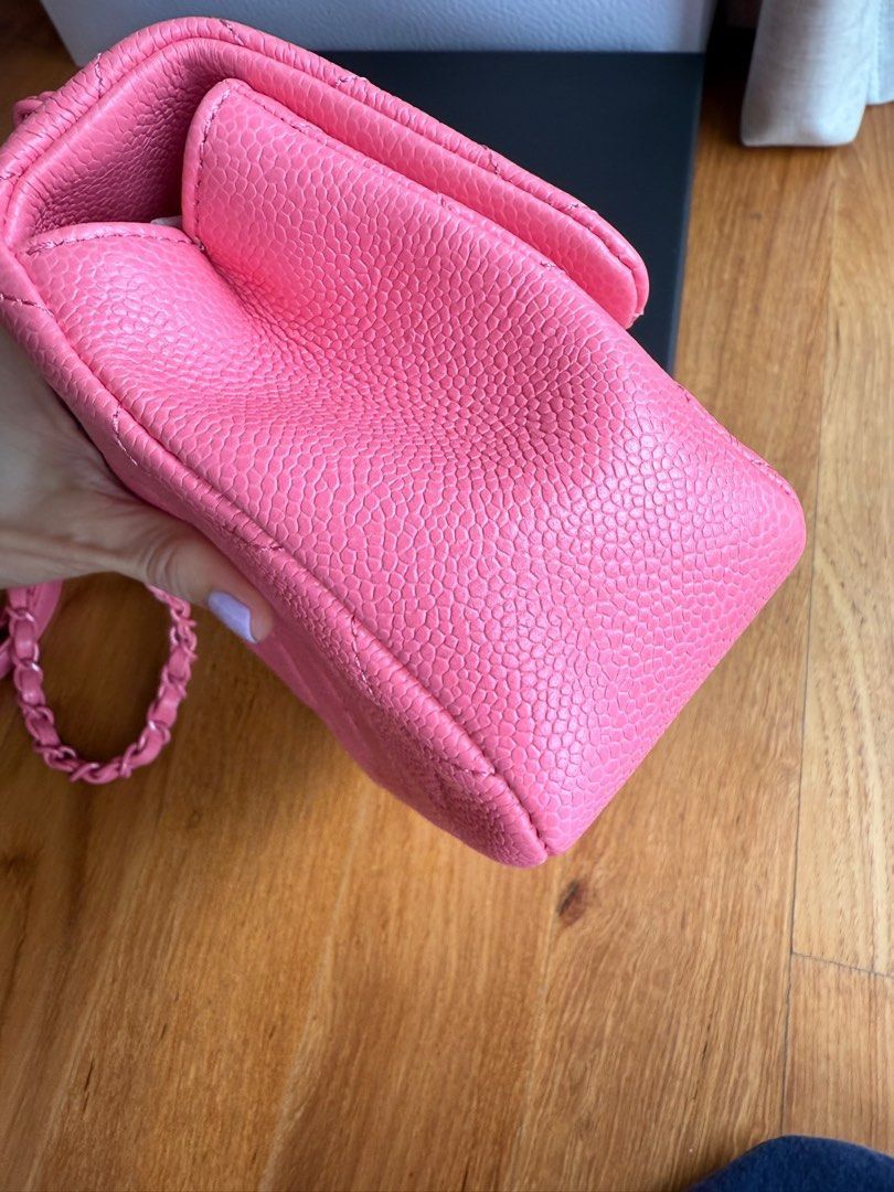 Authentic Chanel Mini Square Caviar Pink (Category: Luxury Bags & Wallets) located in Quezon City. Submitted by breakmyfashion (Listing ID 1373660994, Image 3). Description: Seasonal tone on tone buckle and chain leather strap that hardly come by. Very pretty chic versatile piece that can be dress up and down. Comes in full set with receipt, box, paperbag and dust bag. .