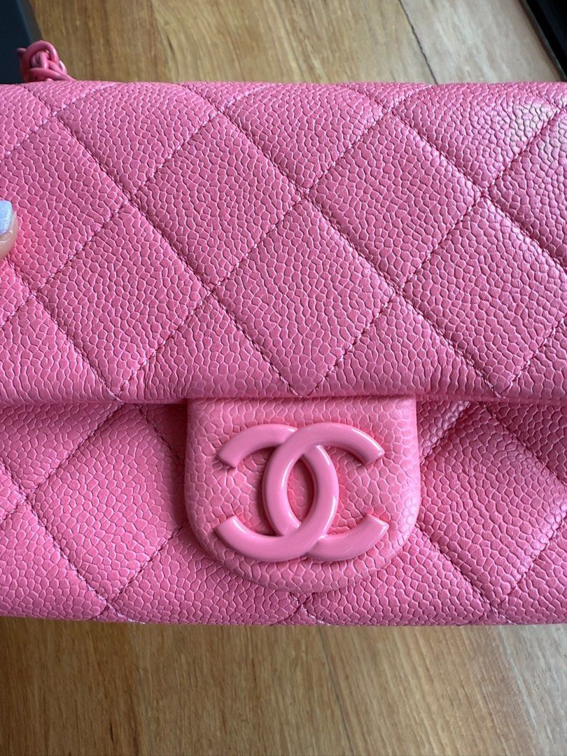 Authentic Chanel Mini Square Caviar Pink (Category: Luxury Bags & Wallets) located in Quezon City. Submitted by breakmyfashion (Listing ID 1373660994, Image 2). Description: Seasonal tone on tone buckle and chain leather strap that hardly come by. Very pretty chic versatile piece that can be dress up and down. Comes in full set with receipt, box, paperbag and dust bag. .