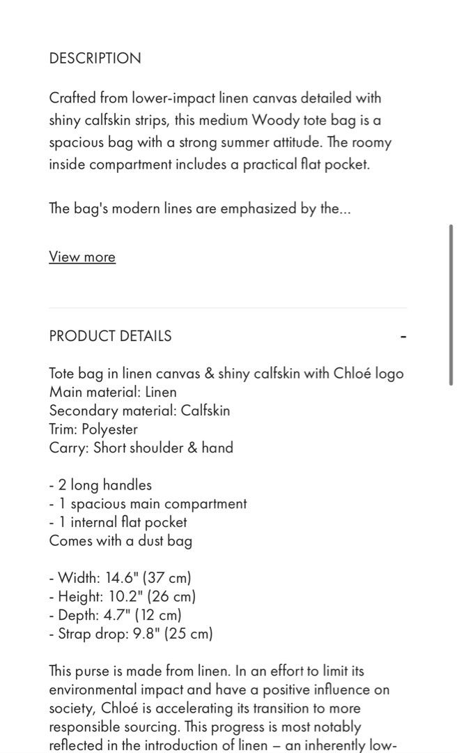 Authentic Chloe WOODY TOTE BAG IN LINEN (Category: Bags & Wallets) located in Singapore. Submitted by thebaglover (Listing ID 1373598037, Image 3). Description: Tote bag in linen canvas & shiny calfskin with Chloé logo Main material: Linen Secondary material: Calfskin Trim: Polyester Carry: Short shoulder & hand - 2 long handles - 1 spacious main compartment - 1 internal flat pocket Comes with a dust bag - Width: 14.6” (37 cm) - Height: 10.2” (26