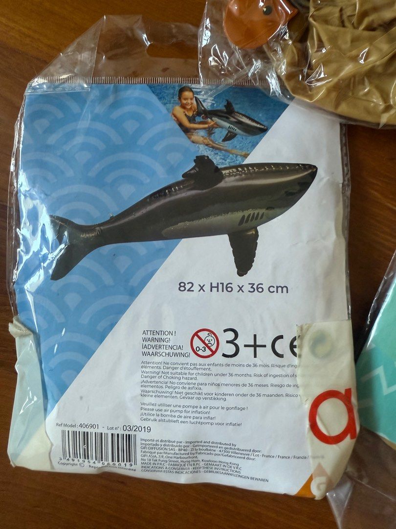 Fun floaties (Category: Kids Toys) located in Singapore. Submitted by onehappyplace (Listing ID 1373616281, Image 1). Description: Different kind of floaties for drinks, fun, and vibe. 4 pieces. New never used. Bundle buy Shark (dimensions in the pic) Pillow Drink holders donut and swan x2.