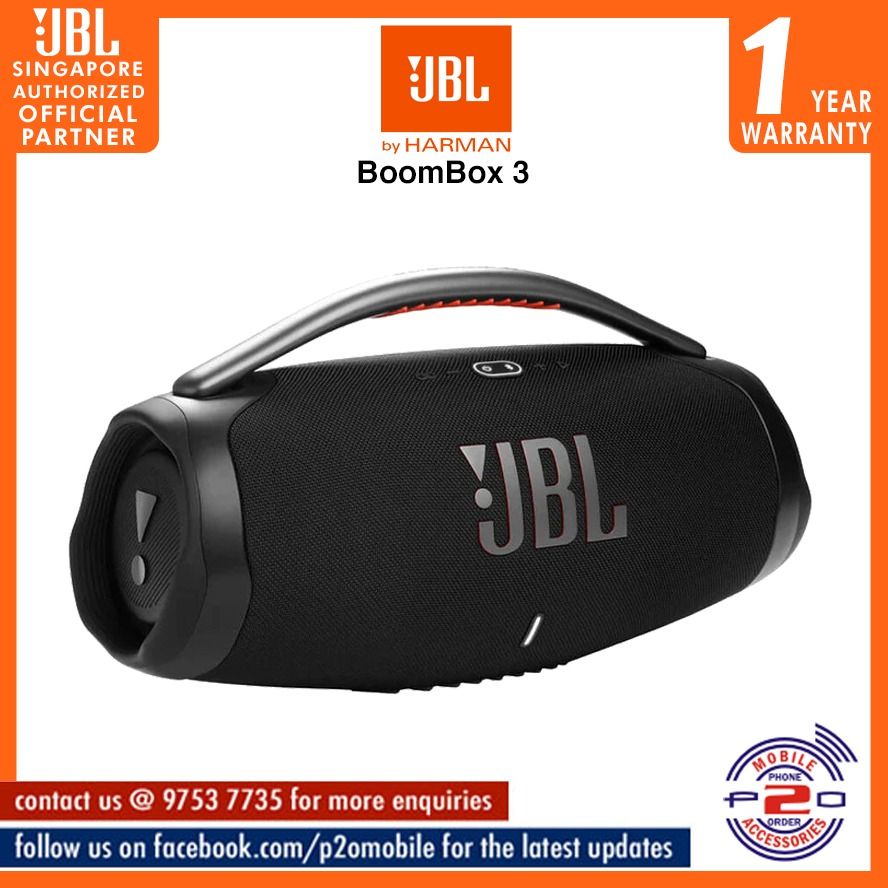 JBL Boombox 3 Portable Bluetooth Speaker (Category: Soundbars, Speakers & Amplifiers) located in Singapore. Submitted by p2omobile (Listing ID 1373645888, Image 1). Description: JBL Boombox 3 Portable Bluetooth Speaker Colour Black (avail) # 12 months warranty by JBL Singapore # Show Carousell Price: $ 459.00 Usual Price: $ 717.00 Features: SOUND QUALITY THAT'S BUILT TO LAST The Boombox 3 is anchored by a solid build, with features including a me
