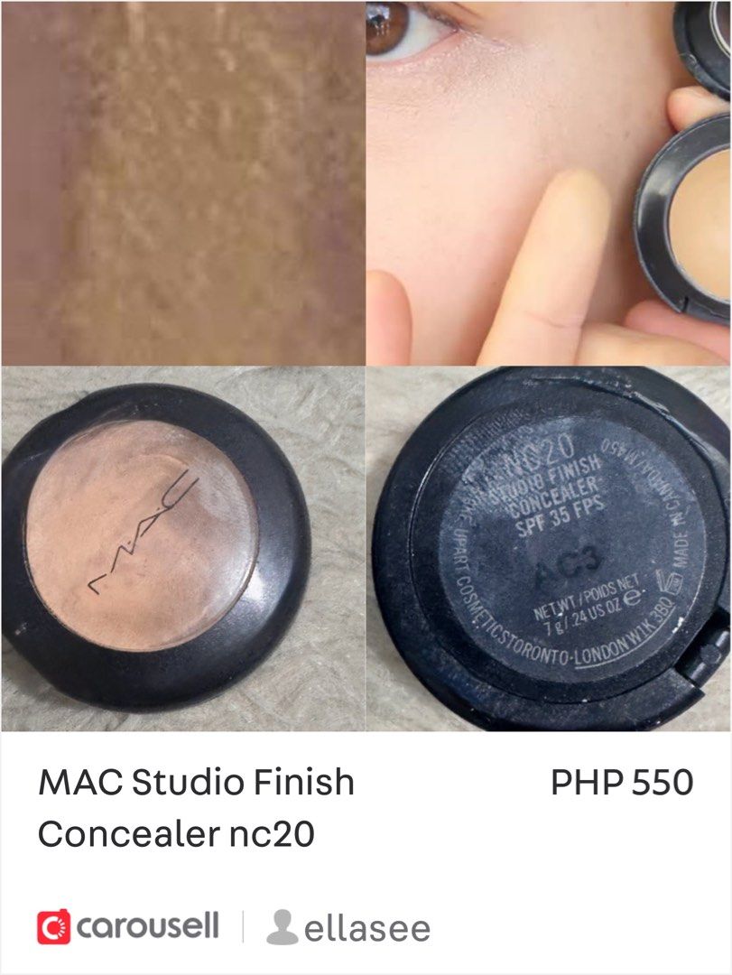 MAC Studio Finish Concealer nc20 (Category: Makeup) located in Taguig. Submitted by ellasee (Listing ID 1373763344, Image 1). Description: REASON FOR S€LLING- - work from home A lightweight creamy opaque concealer for all skin. Provides a smooth & long-wearing invisible coverage. Covers dark circles blemishes moles tattoos. .