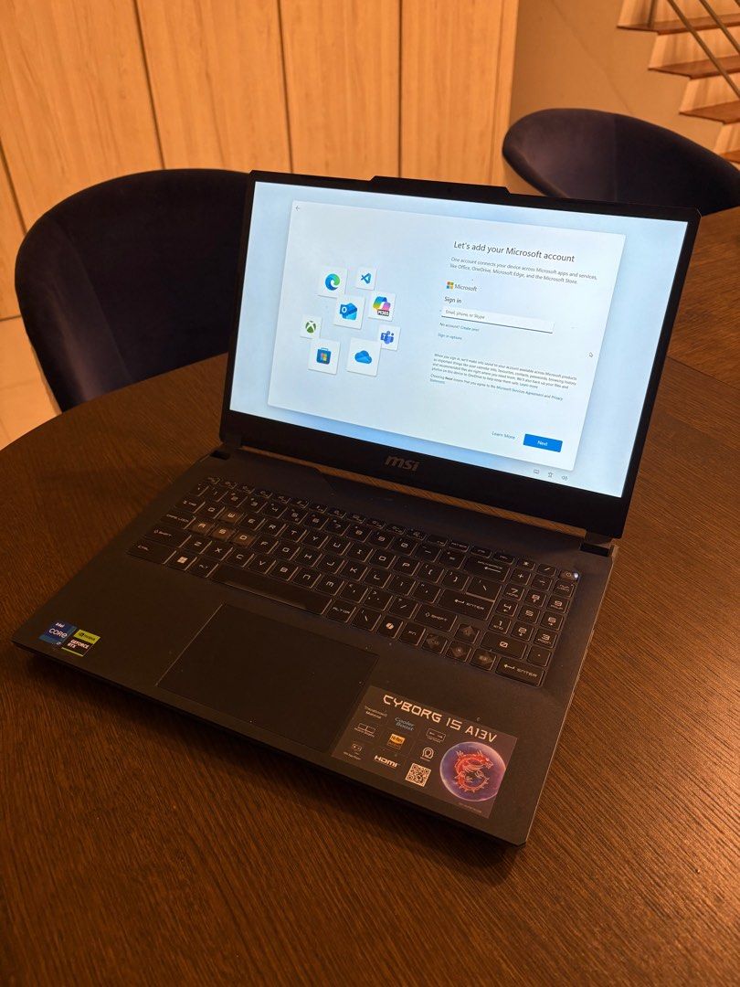 MSI Gaming Laptop RTX 4060 (Category: Laptops & Notebooks) located in Singapore. Submitted by aaryachauhan (Listing ID 1373728795, Image 3). Description: MSI Cyborg A13VFK-1076SG Key Features: • Comes with Windows 11 Home • Powered by NVIDIA DLSS 3, ultra-efficient ADA Lovelace Arch, and Max-Q Technologies • 4 Zone RGB Keypad • Highlighted WASD Keys Weighs <2kg Specifications: CPU: i7-13620H (10 Cores) GPU: RTX 4060 Storage: 512gb M.2 SSD RAM: 16