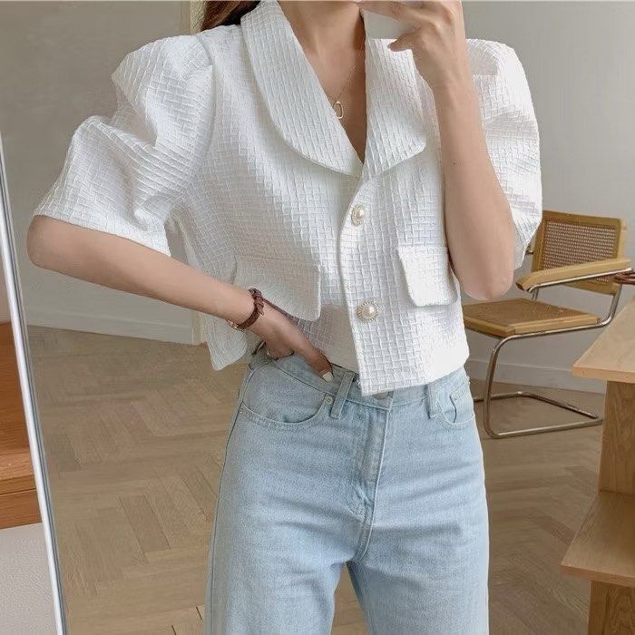 Pearl Button Front Puff Sleeve Crop Top (Category: Blouses) located in Pasig City. Submitted by mendd (Listing ID 1373703744, Image 2). Description: used once.