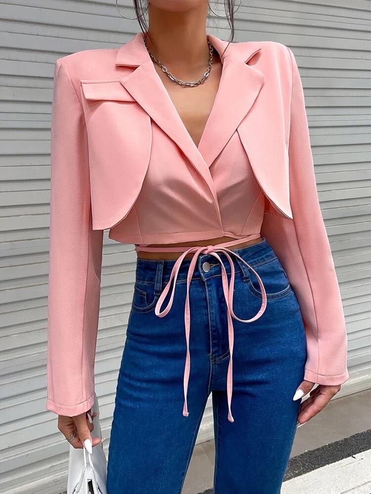 Pink cross cross tie crop blazer (Category: Coats, Jackets and Outerwear) located in Singapore. Submitted by chocomeowie (Listing ID 1373665471, Image 1). Description: Washed but not worn. .
