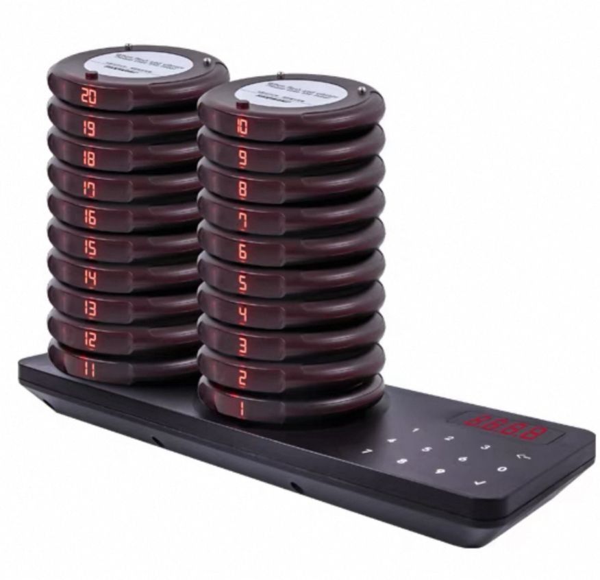 [READY STOCK] 20 PCS ROUND BUZZER Wireless Pagers | Restaurant Paging System - Waterproof (Category: Walkie-Talkie) located in Singapore. Submitted by buzz888 (Listing ID 1373596960, Image 2). Description: EXCELLENT PERFORMANCE: The restaurant pager system consists of a 999-channel wireless touch keypad transmitter and 20 pagers. Customers do not have to wait in line, maintain social distance, and improve work efficiency. The keypad beeps and vib