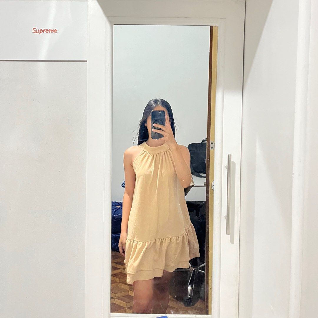 Flowy Beige Cream Dress (Category: Dresses) located in Cabanatuan. Submitted by yusitems (Listing ID 1373606745, Image 1). Description: Used once for bridesmaid shoot! Fabric: Crepe Fits small to medium 🙌🏻 📦 Shipping via J&T.