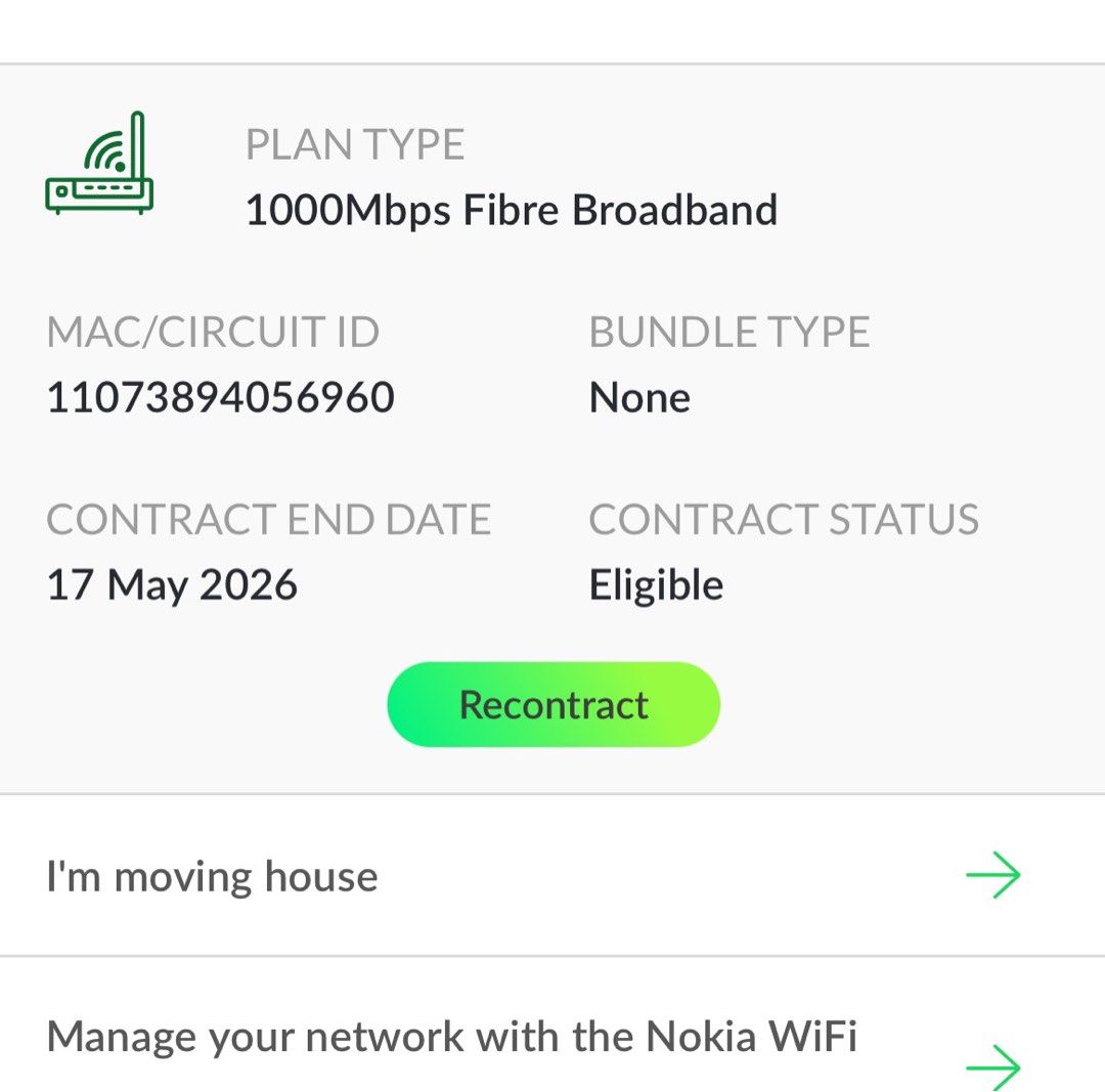 Starthub WIFI broadband transfer (Category: Networking) located in Singapore. Submitted by murthyxu17298 (Listing ID 1373661187, Image 1). Description: Transfer the broadband: 1. It’s Starthub. 2. ⁠the valid period to may 2026 and can be prolonged. 3. ⁠I will pay for all fees for such transfer. 4. ⁠Transferee only need to pay for basic monthly rate around $40 (cheapest one in the market) 5. ⁠Transferee shall hold PHYSICAL card for EP/SP/WP/PR/res