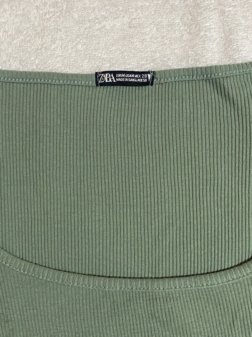 Zara Army Green Square Neck Cropped Top (Category: Shirts) located in Meycauayan. Submitted by _jodieeee (Listing ID 1373593739, Image 3). Description: Used once :) Fits XS to M. (Stretchy) Please see photos for the dimes.