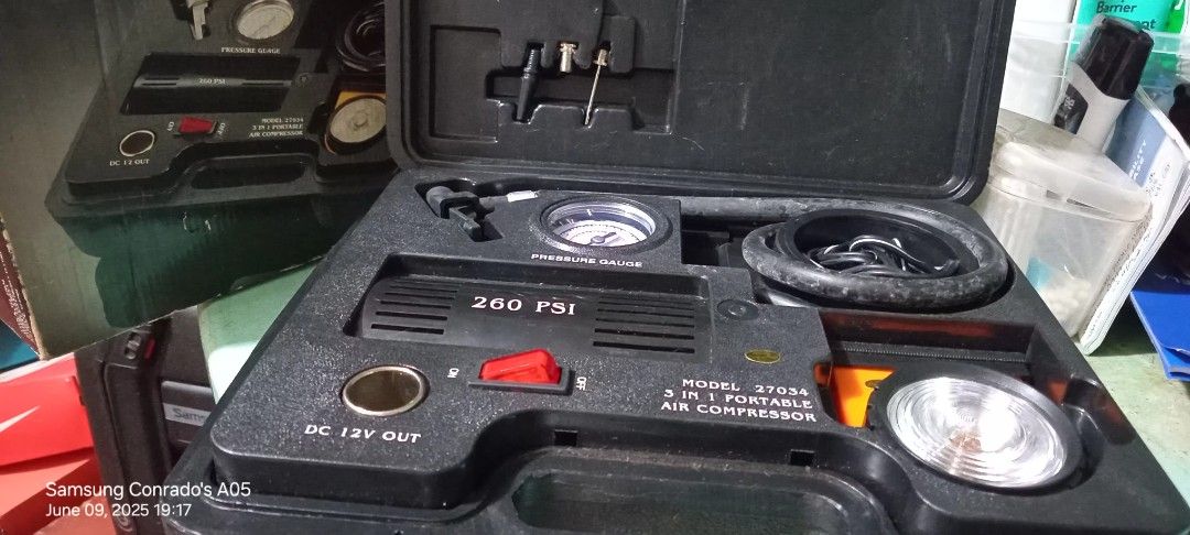 3 in 1 portable air compressor (Category: Mags and Tires) located in Valenzuela. Submitted by consjavier74 (Listing ID 1373880984, Image 1). Description: 1,500 pesos only very slightly used working pick up @ dalandanan,valenzuela city OR Deliver by Lalamove at ur own expense....