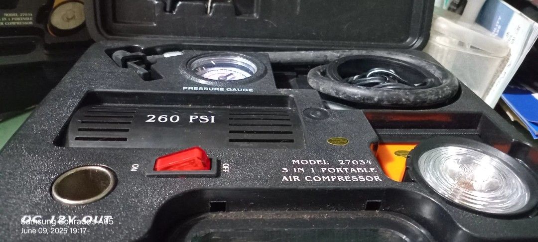 3 in 1 portable air compressor (Category: Mags and Tires) located in Valenzuela. Submitted by consjavier74 (Listing ID 1373880984, Image 2). Description: 1,500 pesos only very slightly used working pick up @ dalandanan,valenzuela city OR Deliver by Lalamove at ur own expense....