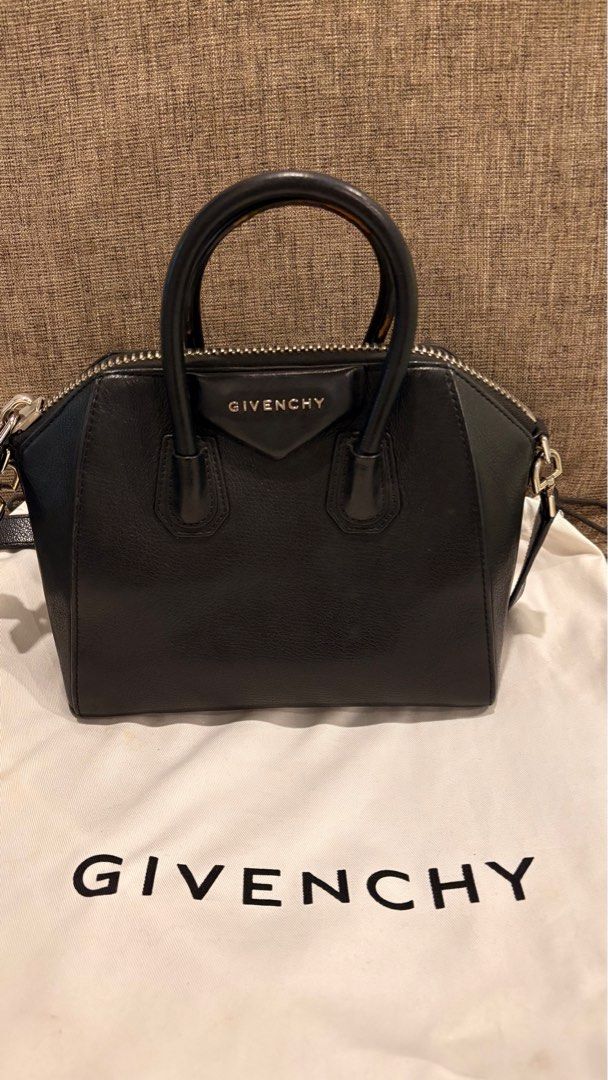 AUTHENTIC GIVENCHY Mini Antigona Bag (Category: Luxury Bags & Wallets) located in Manila. Submitted by angelalodia (Listing ID 1373773396, Image 1). Description: Material: Goatskin Color: black Dimension: 10.2in x 7.5in x 5.1in Inclusion: dustbag RFS: decluttering (not being used anymore).