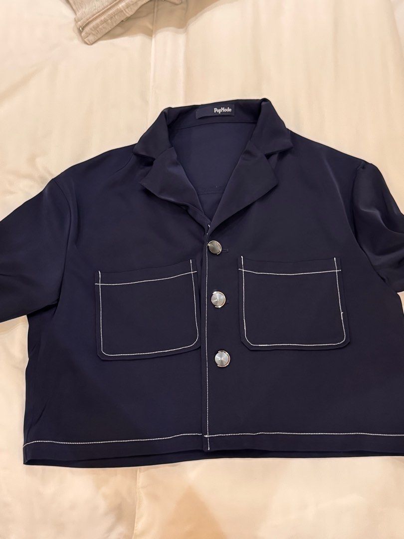Classy Navy Blue Satin Contrast stitch top (Category: Blouses) located in Makati City. Submitted by lexyu (Listing ID 1373899239, Image 2). Description: Used only 2x Barely used but sooo nice.
