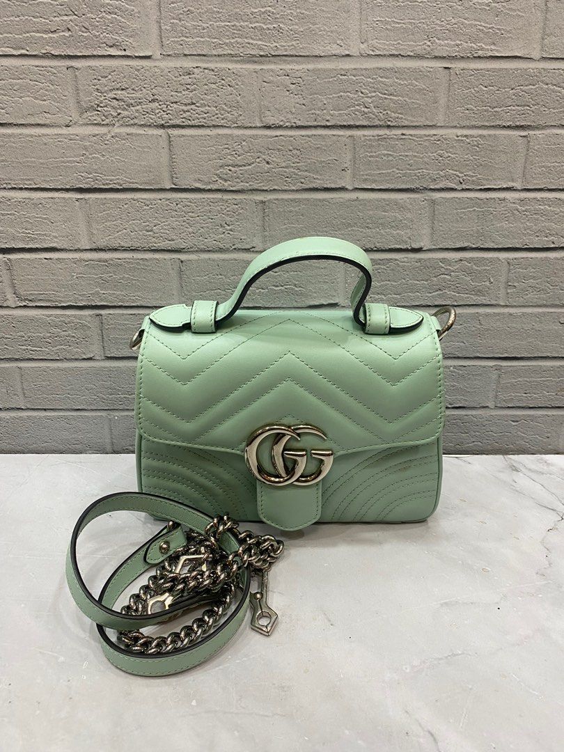 GUCCI Top Handle Mini marmont green SHW Size 20 x 13 x Cm Bag and  longstrap
