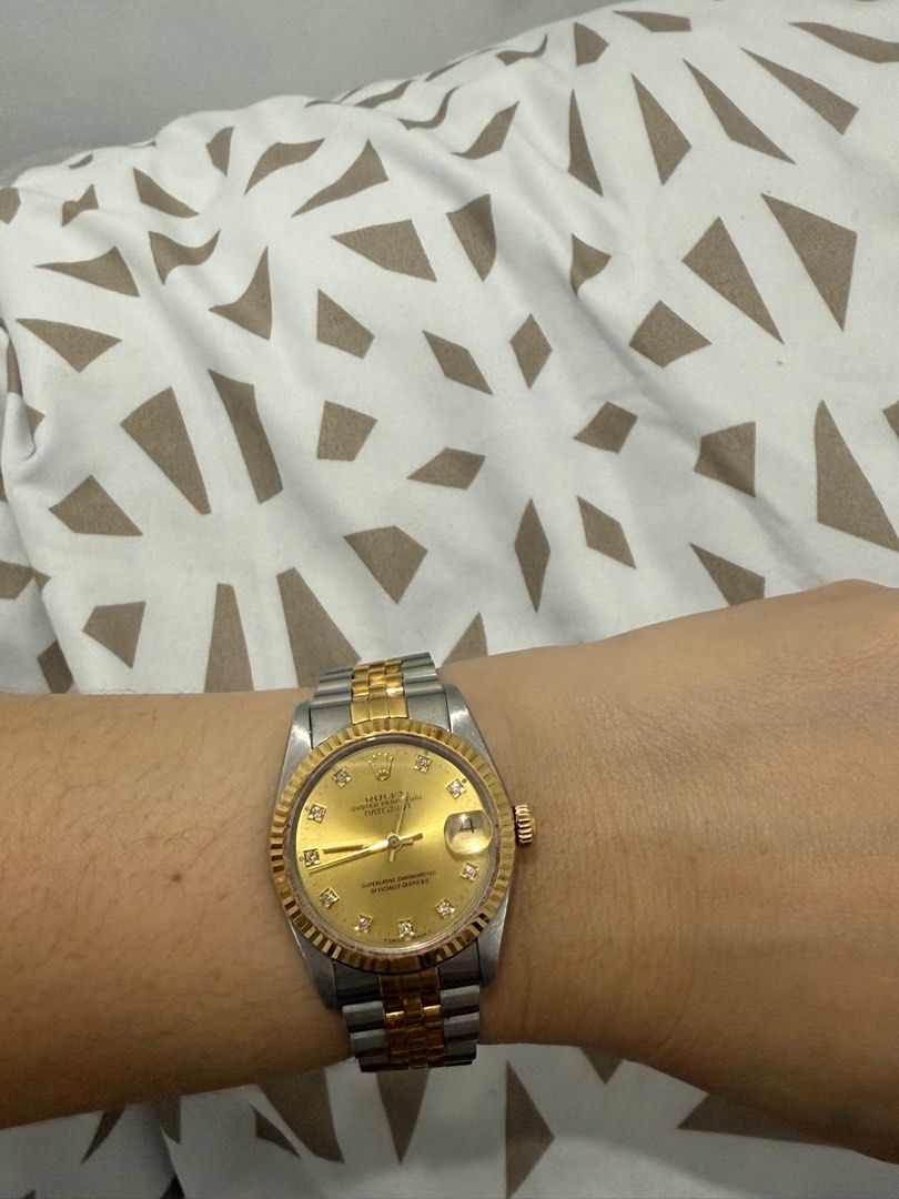 rolex datejust 31mm champagne gold (Category: Luxury Watches) located in Manila. Submitted by mariasells05 (Listing ID 1372778262, Image 3). Description: rolex 68273 datejust 31mm junior size two toned champagne dial diamond complete box papers tag 1992 good condition open for authentication meet up ok negotiable.