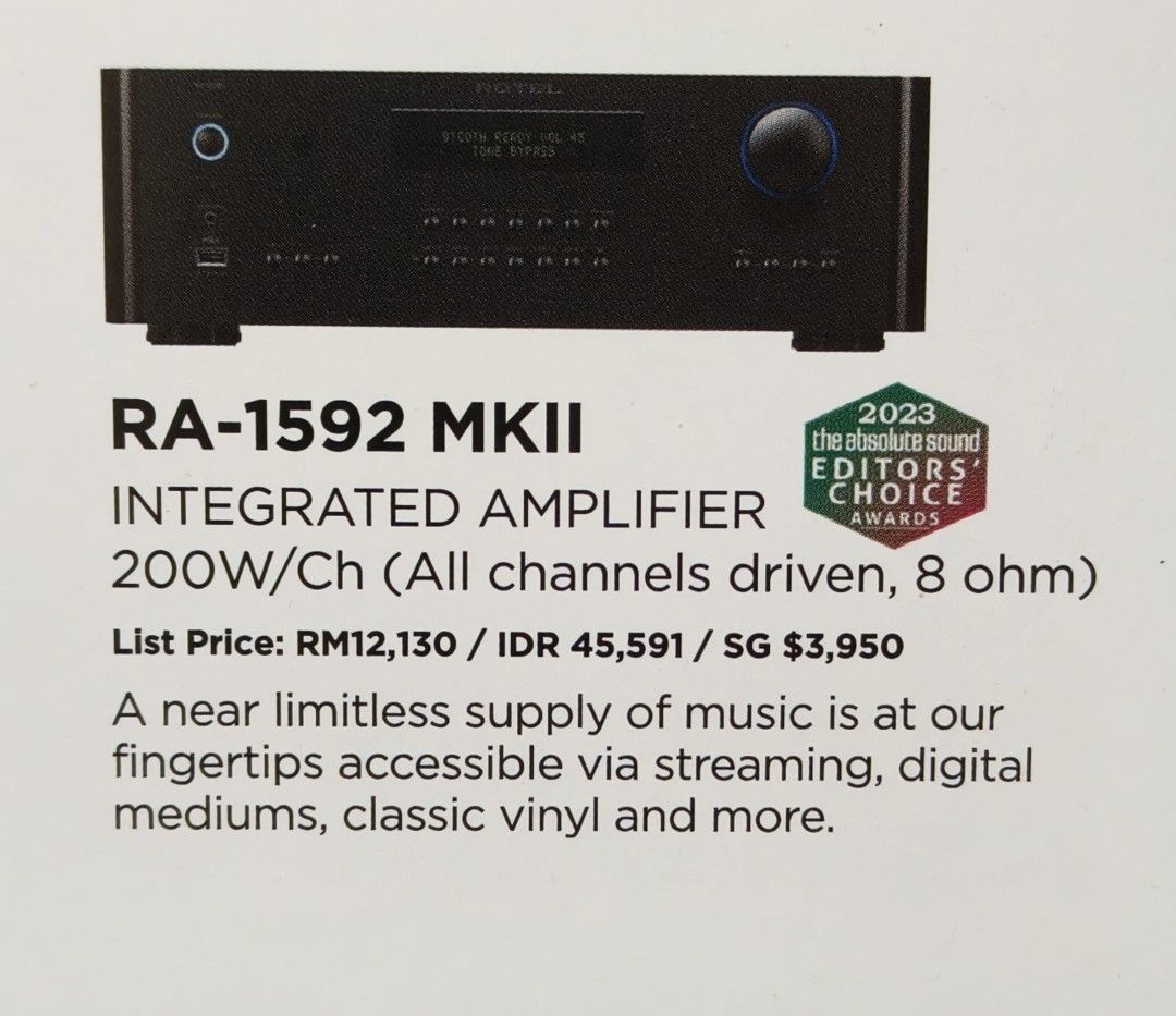 Rotel RA1592 MK2 (Category: Soundbars, Speakers & Amplifiers) located in Singapore. Submitted by spilotro (Listing ID 1373387308, Image 1). Description: RA-1592MKII, with audiophile grade 32-bit/384kHz DAC delivers 200 Watts of Class AB output into 8 ohm speakers. Supports analog, digital, XLR, aptXTM and AAC Bluetooth, PC-USB with MQA and Moving Magnet Phono stage inputs. Outstanding sound stage and exacting details - much improvement over MK1 m