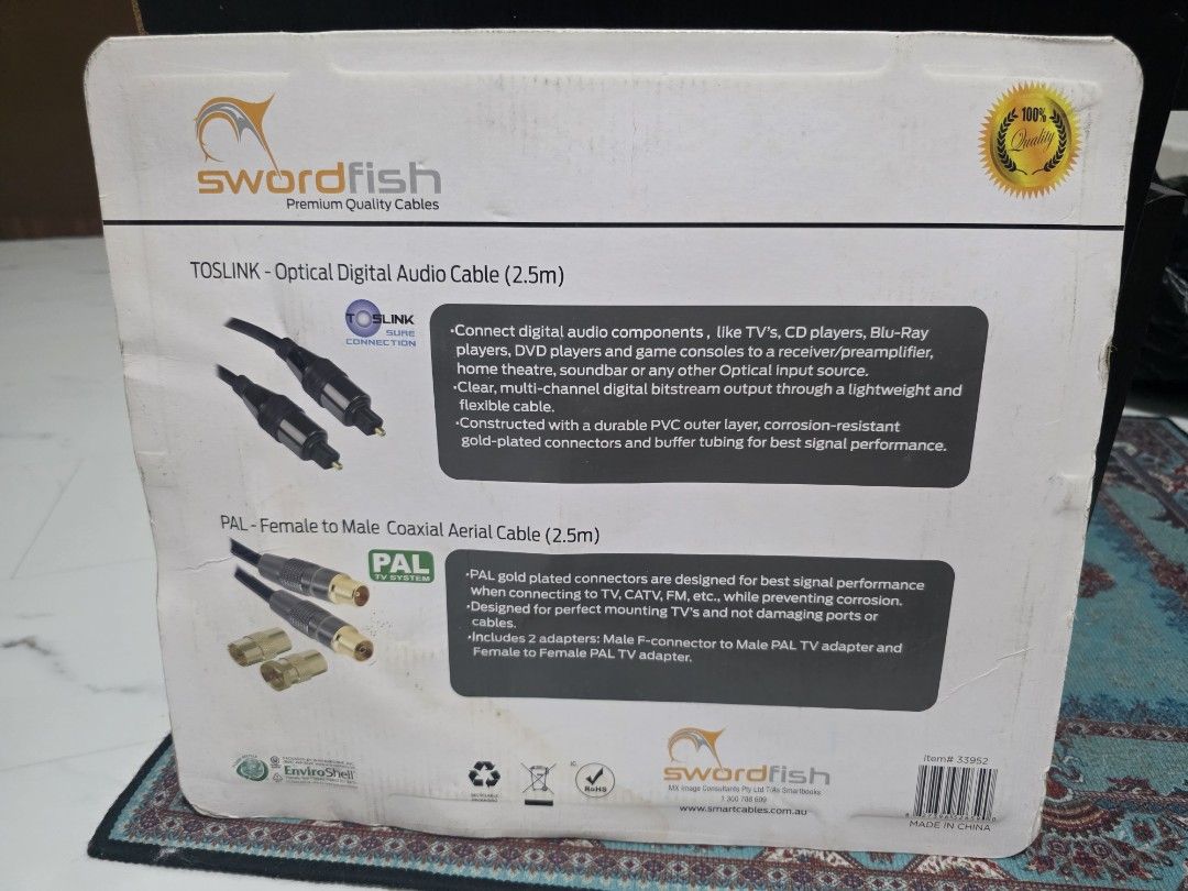 Swordfish Premium Quality Cables (Category: Other Audio Equipment) located in Singapore. Submitted by ana.ramsay (Listing ID 1373802103, Image 2). Description: TOSLINK - Optical digital audio cable (2.5m) PAL - Female to Male Coaxial Aerial Cable (2.5m) Brand new in packaging. Self collection at Blk 168 Woodlands St 11..